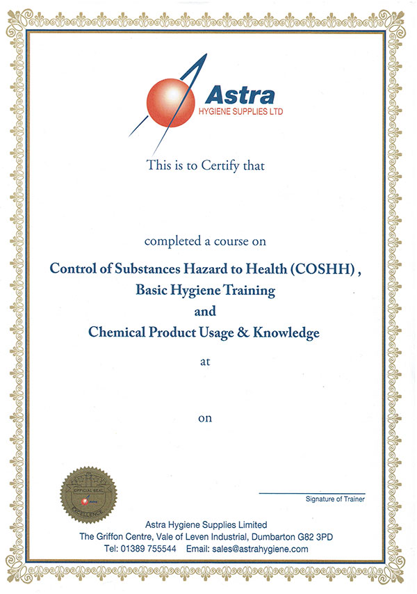 Astra Hygiene Training Certificate
